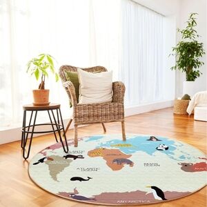 World Map Kids Round Rug 39" Non Slip Washable Classroom Playroom Mat
